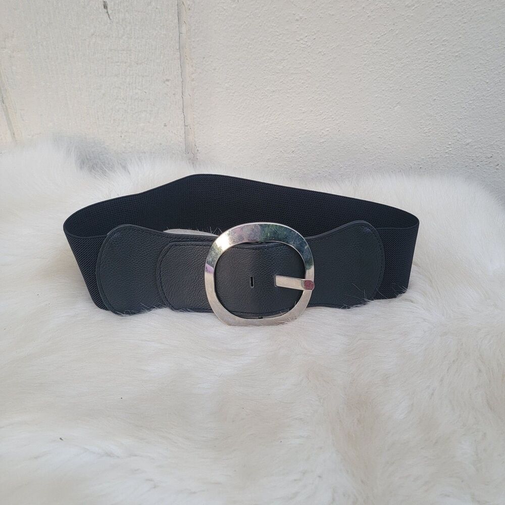 womens wide large buckle stretch waist belt black Sz S/M Boho Festival